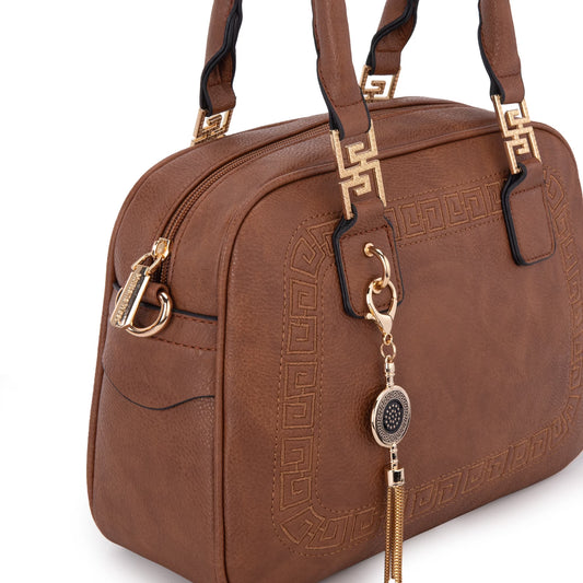 Small Top Handle Purse for Women Crossbody Satchel Handbag Barrel Bag, Brown